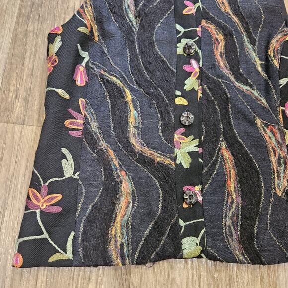 Vtg Embroidered Floral Vest Womens S Black Wool Silk Multi Cottagecore Button Up - Picture 5 of 9